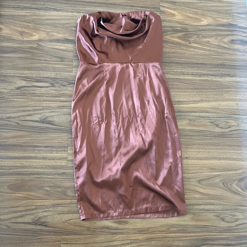 NWOT Strapless Satin Cowl Neck Dress in metallic burnt orange / Rose Brown
